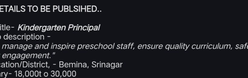 Mother’s Pride Bemina Srinagar Kindergarten Principal Jobs Recruitment 2025 Mother's Pride Bemina Srinagar Kindergarten Principal Jobs Recruitment 2025