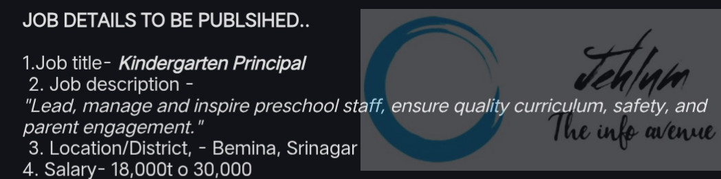 Mother's Pride Bemina Srinagar Kindergarten Principal Jobs Recruitment 2025