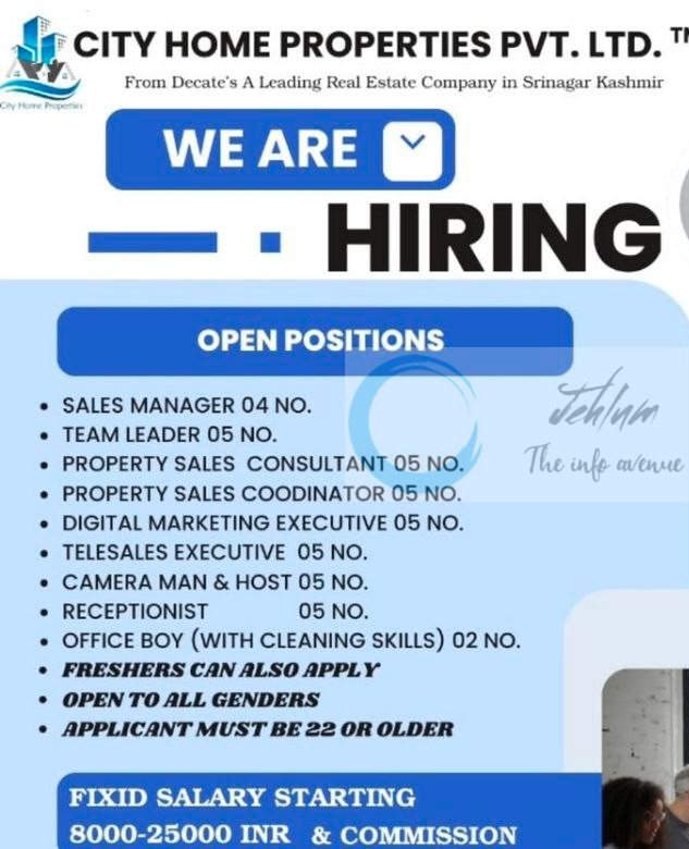 CITY HOME PROPERTIES CHP SRINAGAR STAFF URGENT HIRING WALK IN 2025