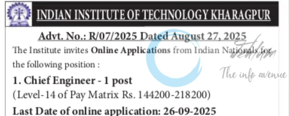 INDIAN INSTITUTE OF TECHNOLOGY IIT KHARAGPUR CHIEF ENGINEER JOB OPPORTUNITIES NOTICE R/07/2025