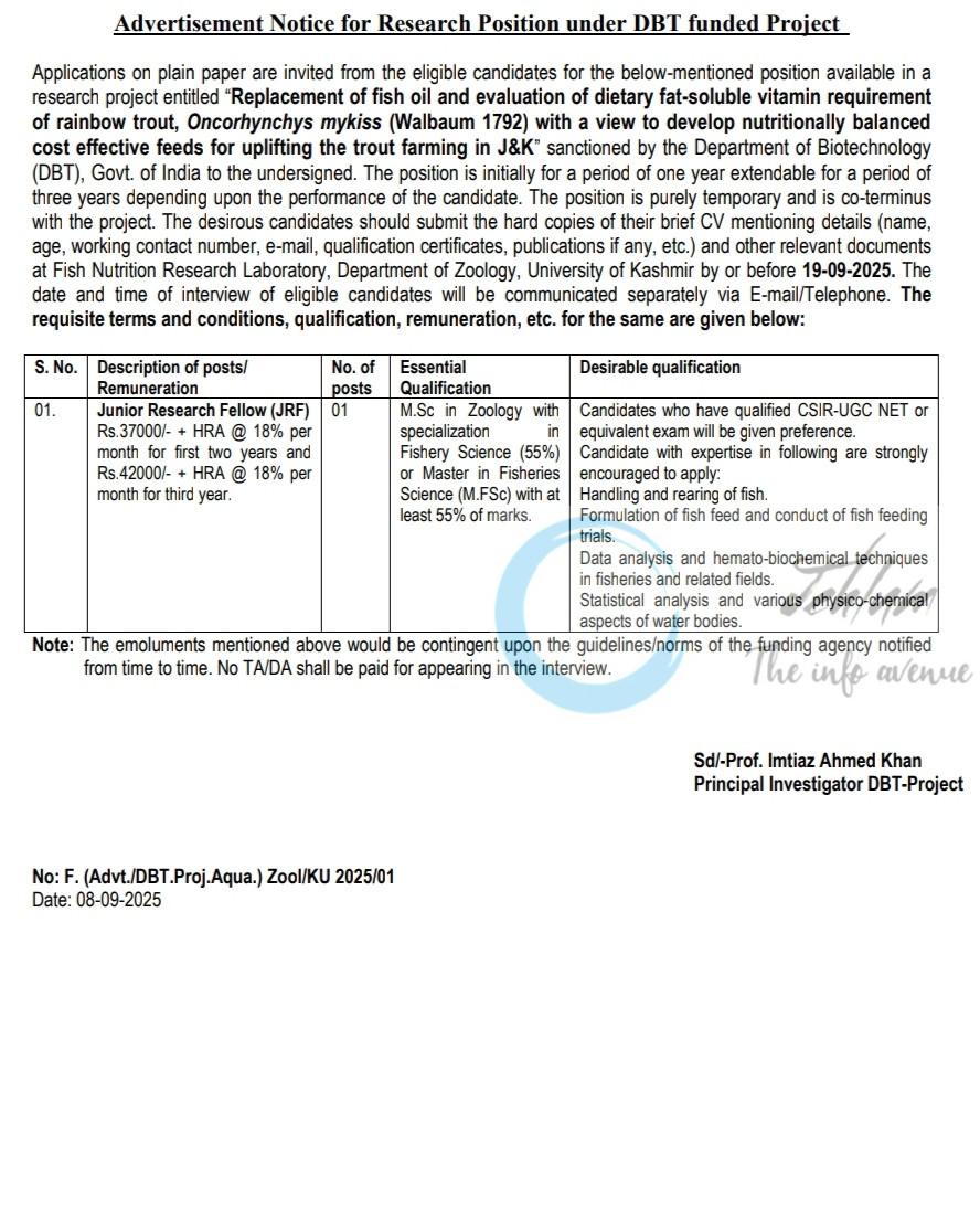 KASHMIR UNIVERSITY KU DEPARTMENT OF ZOOLOGY JRF AMAZING OPPORTUNITIES NOTICE Zool/KU 2025/01