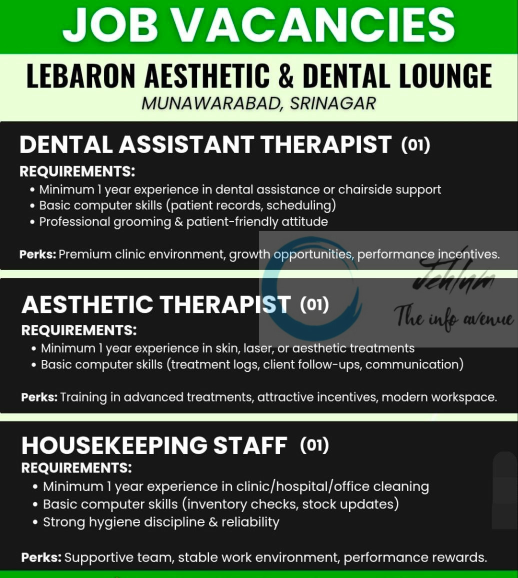 LEBARON AESTHETIC AND DENTAL LOUNGE SRINAGAR JOB OPPORTUNITIES 2025
