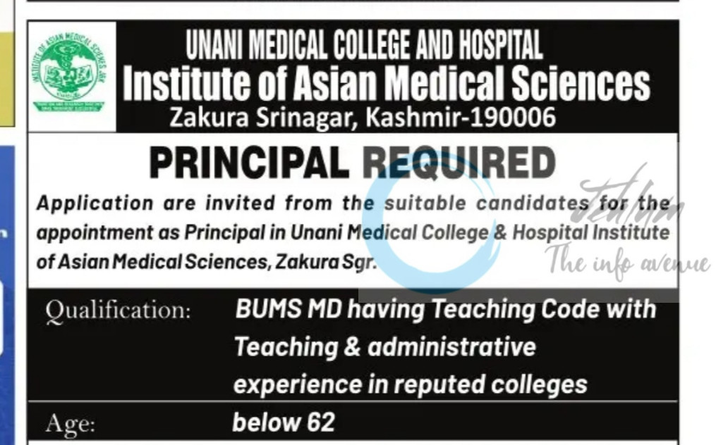 UNANI MEDICAL COLLEGE INSTITUTE ASIAN MEDICAL SCIENCES IAMS SRINAGAR  PRINCIPAL JOB OPPORTUNITIES 2025