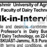 SKUAST JAMMU DAIRY BUSINESS MANAGEMENT AP JOB OPPORTUNITIES WALK IN NOTICE AUJ/FDT/25-26/F-05/251-255
