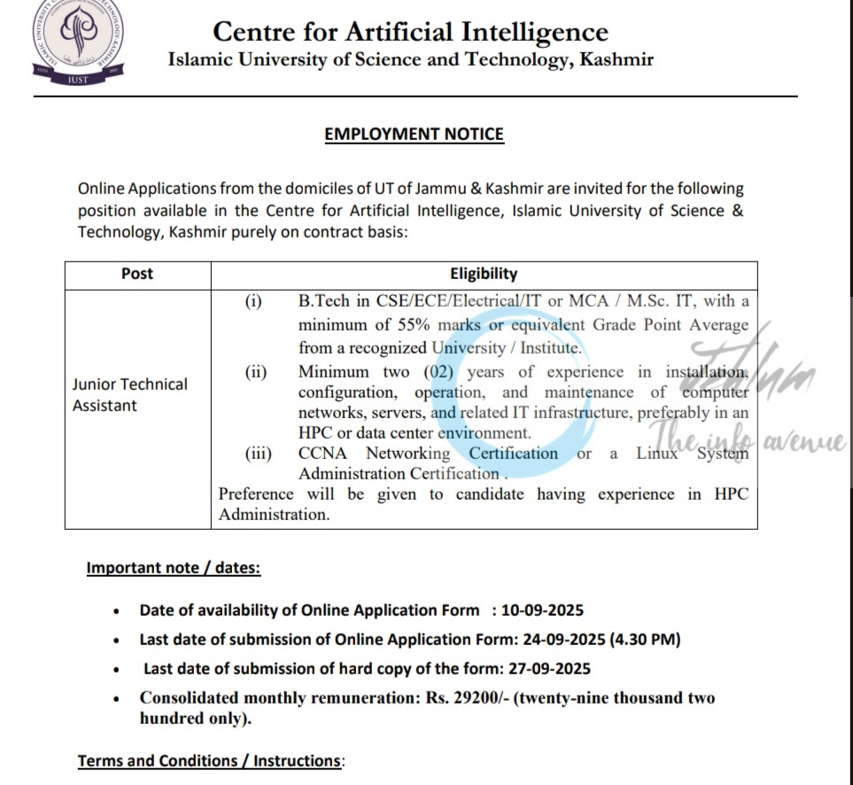 IUST CENTRE FOR ARTIFICIAL INTELLIGENCE JUNIOR TECHNICAL ASSISTANT JOB OPPORTUNITIES NOTICE IUST/CAI/25/295