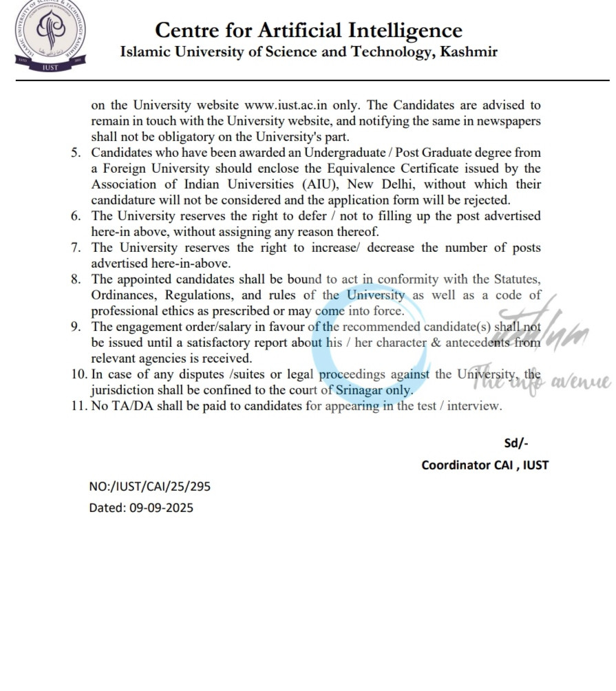 IUST CENTRE FOR ARTIFICIAL INTELLIGENCE JUNIOR TECHNICAL ASSISTANT JOB OPPORTUNITIES NOTICE IUST/CAI/25/295