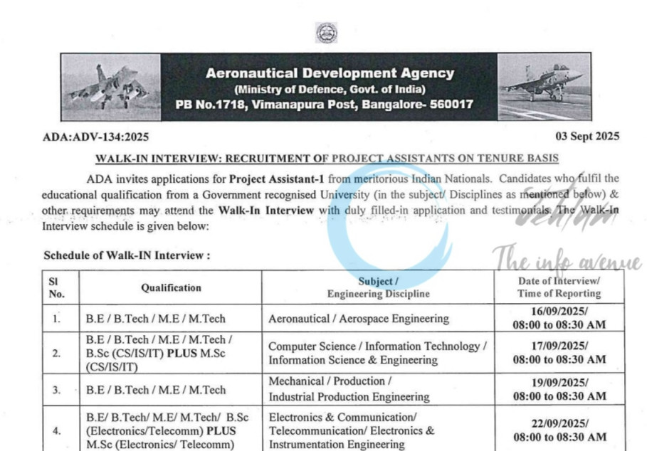 AERONAUTICAL DEVELOPMENT AGENCY ADA PROJECT ASSISTANT JOB OPPORTUNITIES WALK IN ADV-134:2025