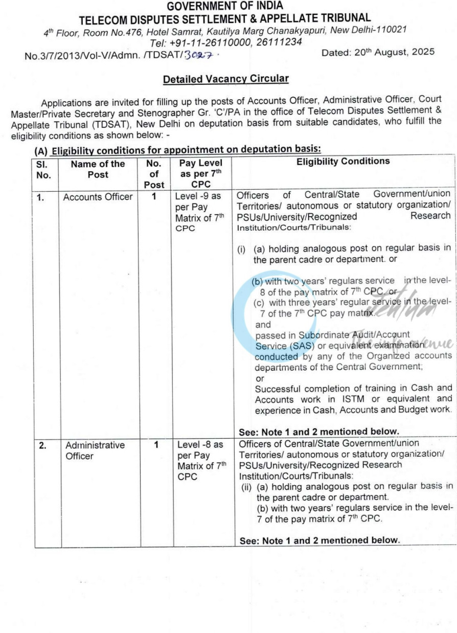 TELECOM DISPUTES SETTLEMENT APPELLATE TRIBUNAL TDSAT JOB OPPORTUNITIES NOTICE 2025