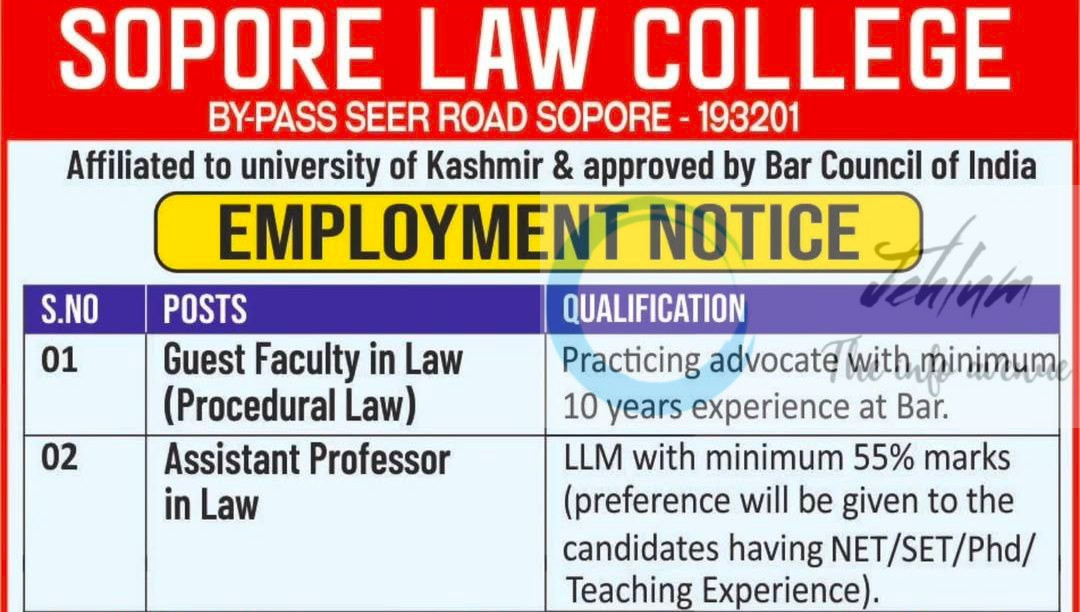 SOPORE LAW COLLEGE SLC GUEST FACULTY/AP JOB OPPORTUNITIES 2025