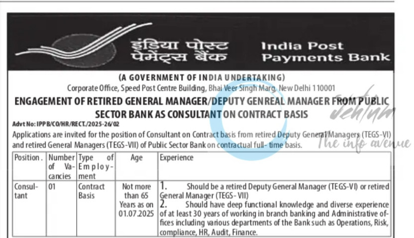 INDIA POST PAYMENTS BANK NEW DELHI CONSULTANT JOB OPPORTUNITIES NOTICE IPPB/CQ/HR/RECL/2025-26/02