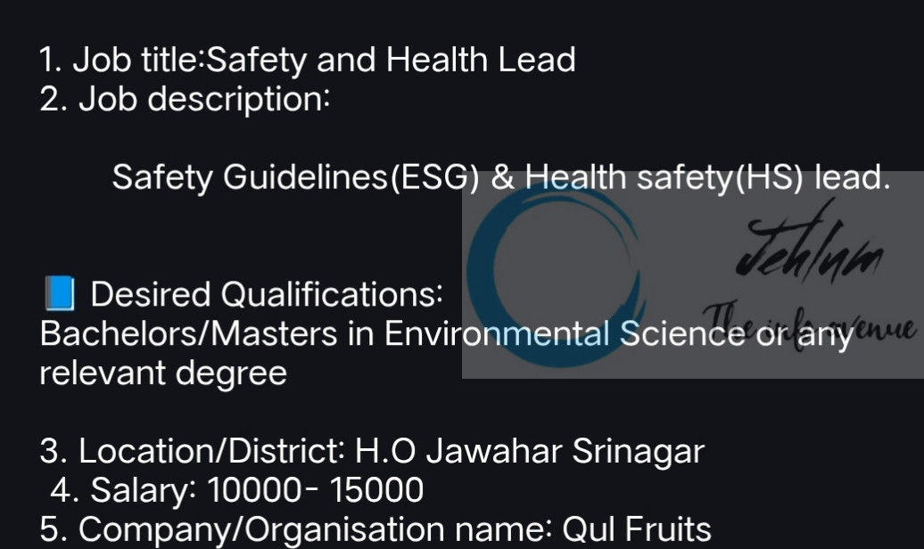 Qul Fruits Srinagar Safety and Health Lead Job Opportunity 2025