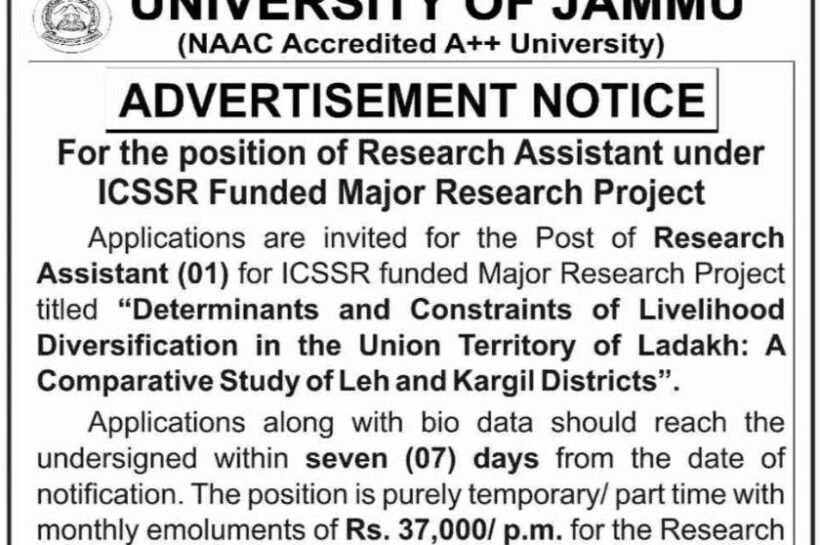 JAMMU UNIVERSITY JU DEPTT OF ECONOMICS RESEARCH ASSISTANT JOB OPPORTUNITIES NOTICE PGD/Eco/25/582
