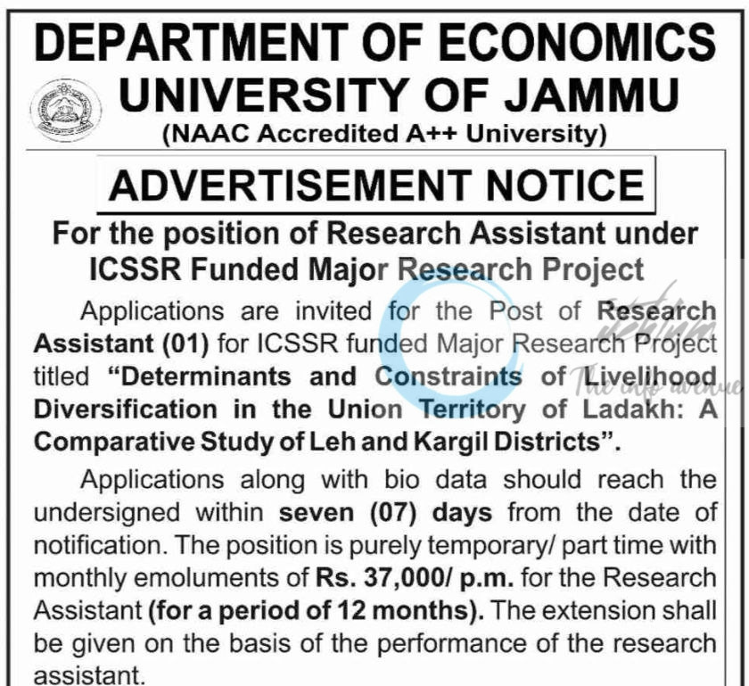 JAMMU UNIVERSITY JU DEPTT OF ECONOMICS RESEARCH ASSISTANT JOB OPPORTUNITIES NOTICE PGD/Eco/25/582