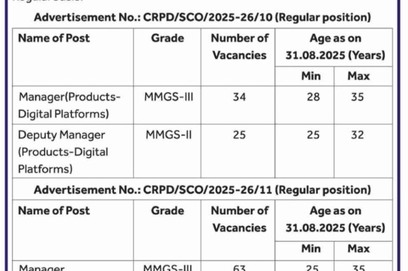 State Bank of India SBI Specialist Cadre Officers Recruitment Opportunities CRPD/SCO/2025-26/10 CRPD/SCO/2025-26/11