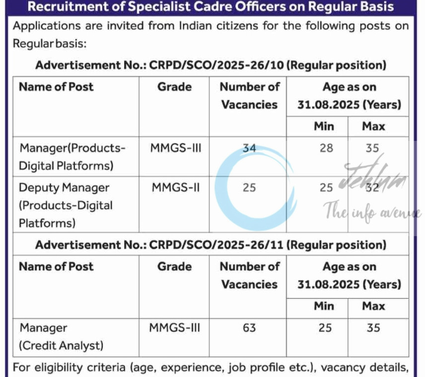 State Bank of India SBI Specialist Cadre Officers Recruitment Opportunities CRPD/SCO/2025-26/10 CRPD/SCO/2025-26/11