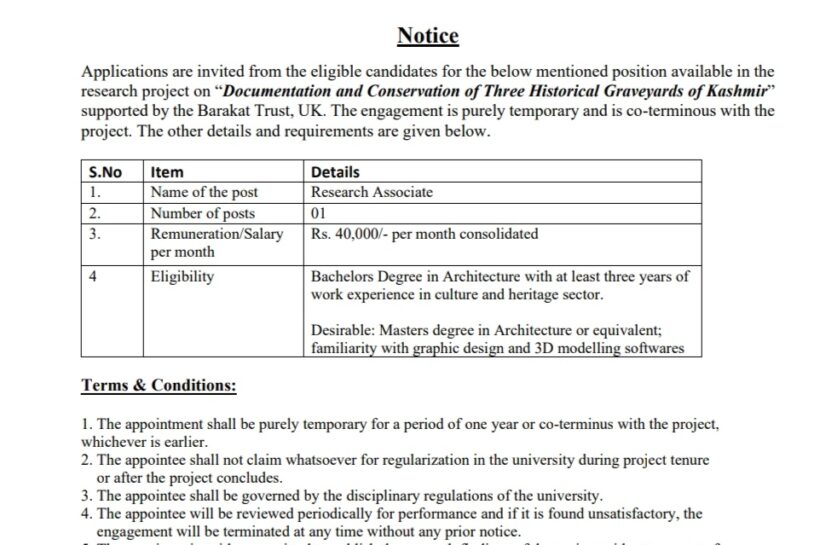 IUST AWANTIPORA DEPARTMENT OF ARCHITECTURE RESEARCH ASSOCIATE JOB OPPORTUNITIES 2025
