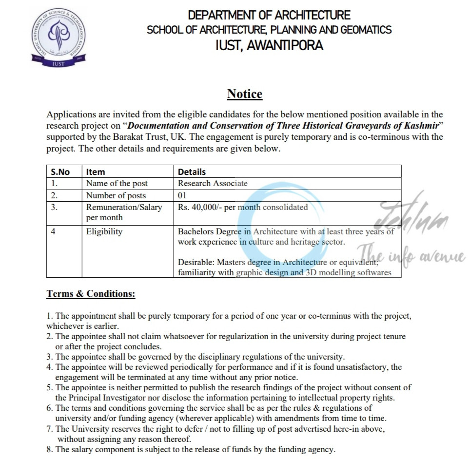 IUST AWANTIPORA DEPARTMENT OF ARCHITECTURE RESEARCH ASSOCIATE JOB OPPORTUNITIES 2025