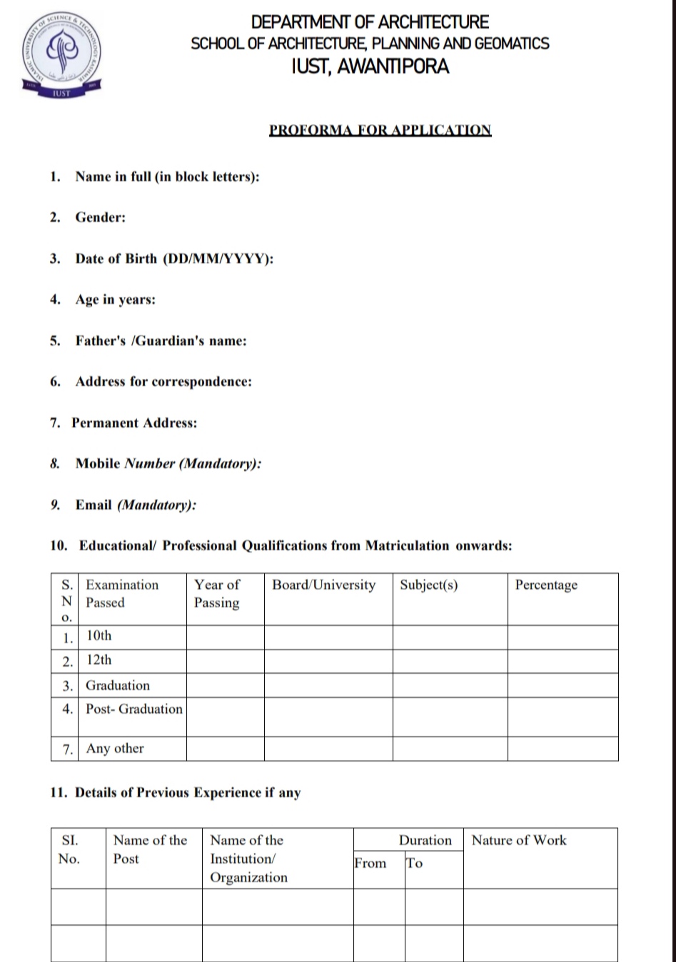 IUST AWANTIPORA DEPARTMENT OF ARCHITECTURE RESEARCH ASSOCIATE JOB OPPORTUNITIES 2025