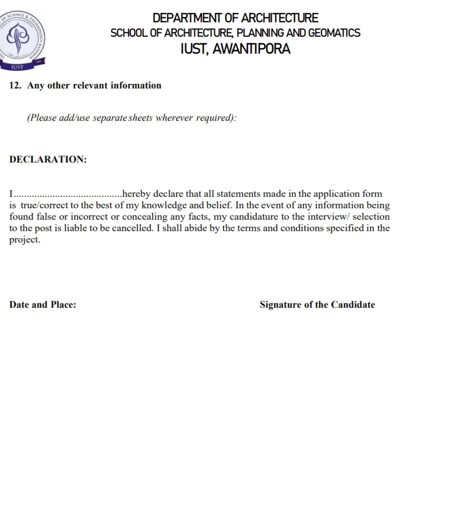 IUST AWANTIPORA DEPARTMENT OF ARCHITECTURE RESEARCH ASSOCIATE JOB OPPORTUNITIES 2025