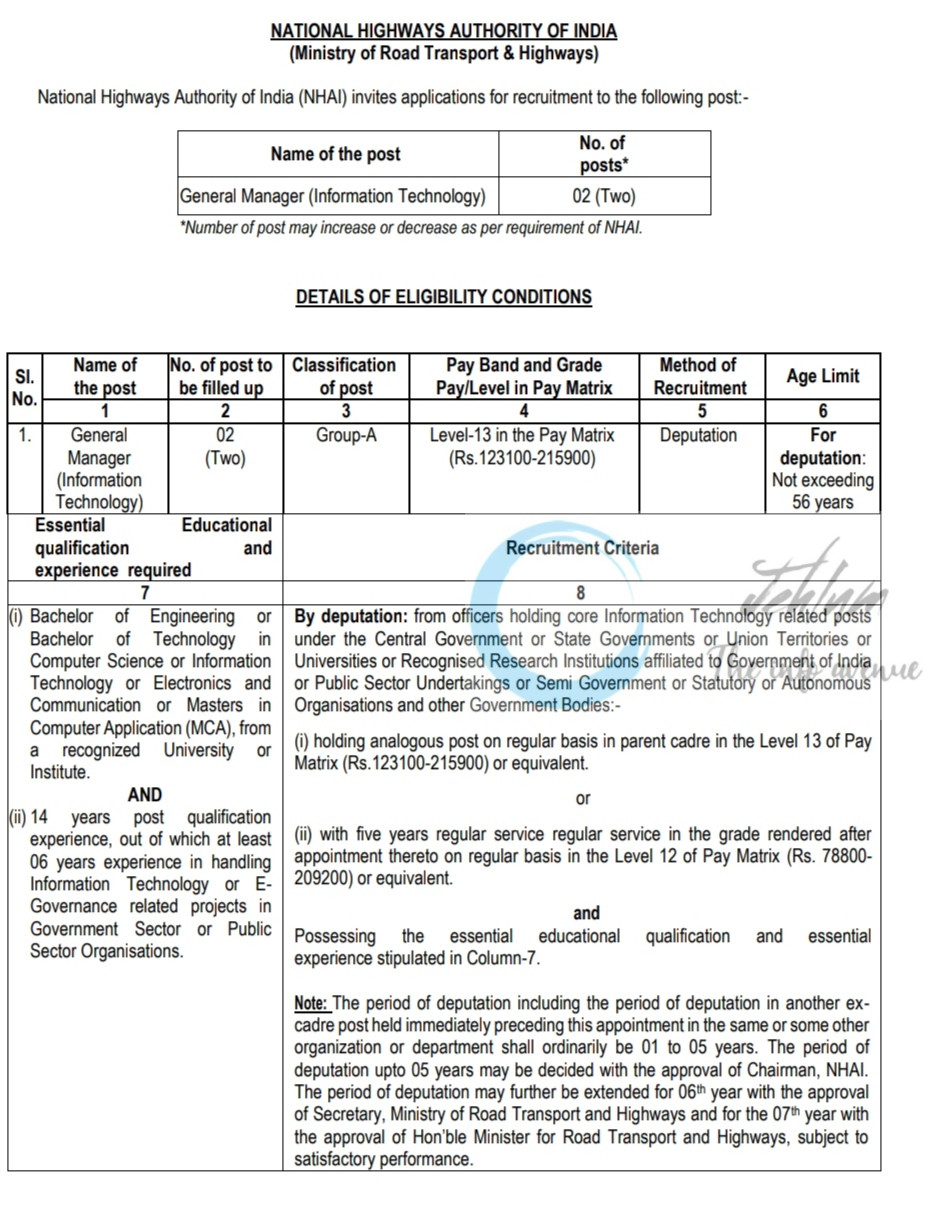 NATIONAL HIGHWAYS AUTHORITY OF INDIA NHAI IT GENERAL MANAGER JOB OPPORTUNITIES 2025
