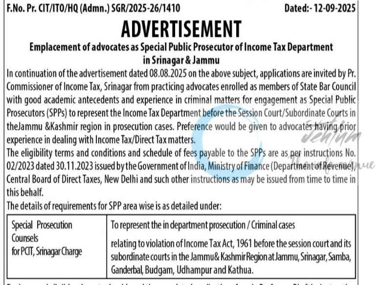 INCOME TAX DEPARTMENT ITD CBDT SRINAGAR/JAMMU SPP JOB OPPORTUNITIES NOTICE 02/2023