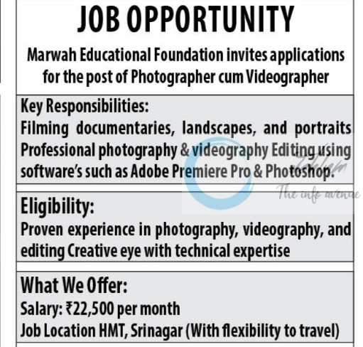 MARWAH EDUCATIONAL FOUNDATION MEF SRINAGAR PHOTOGRAPHER CUM VIDEOGRAPHER JOB OPPORTUNITIES 2025