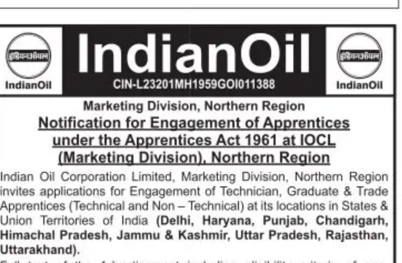INDIAN OIL CORPORATION LIMITED IOCL TRADE APPRENTICE OPPORTUNITIES NOTICE IOCL/MKTG/NR/APPR/2025-26/1