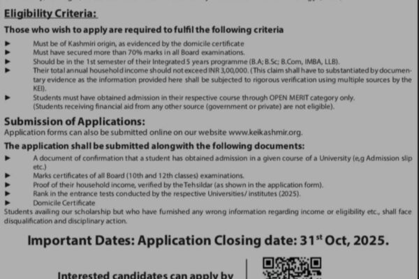 Kashmir Education Initiative Srinagar KEI Scholarship Opportunity for Integrated Courses 2025