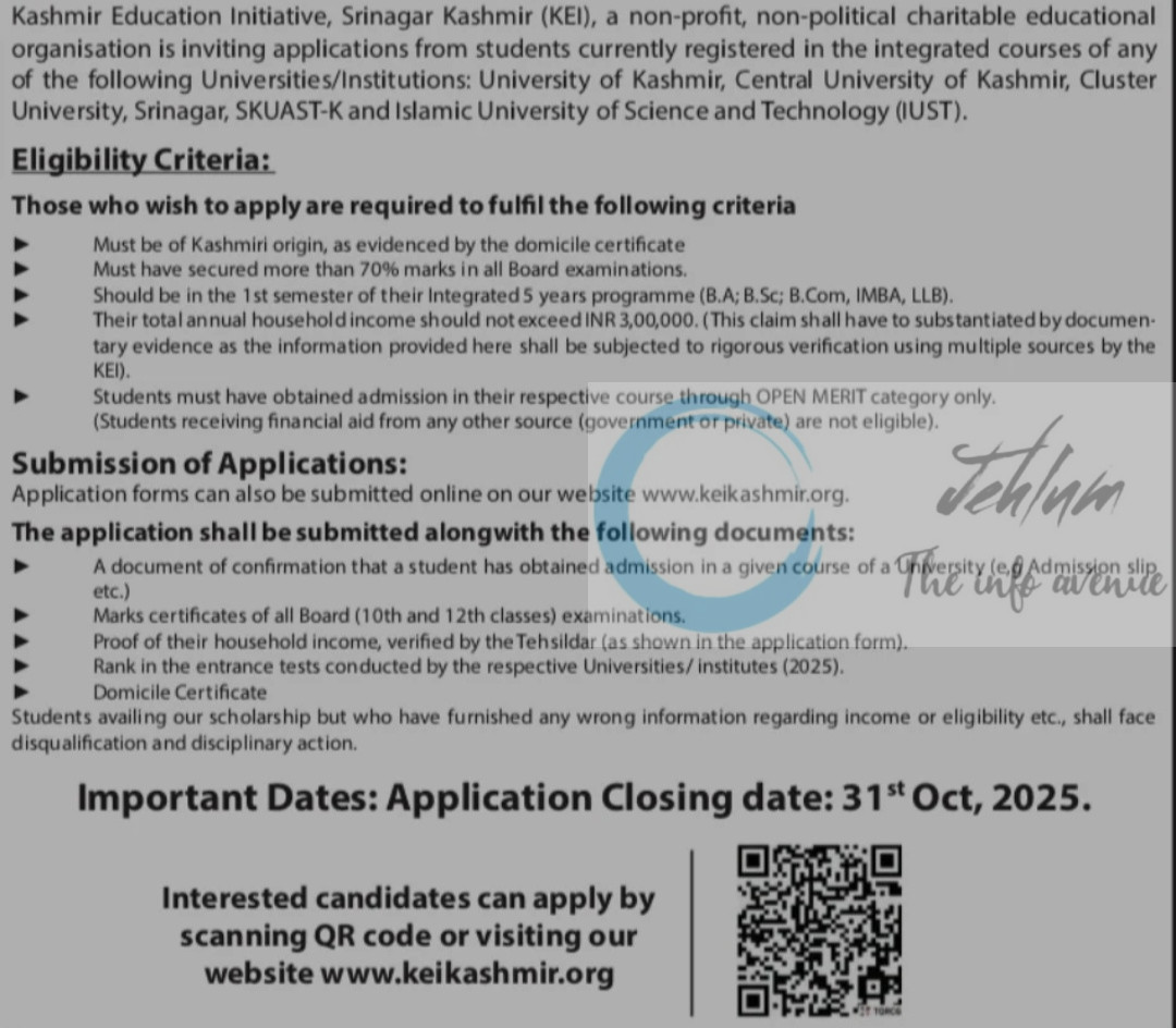 Kashmir Education Initiative Srinagar KEI Scholarship Opportunity for Integrated Courses 2025