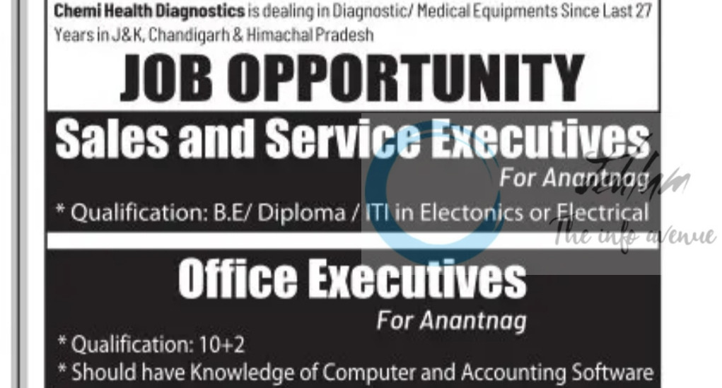 CHEMI HEALTH DIAGNOSTICS CHD ANANTNAG SALES AND SERVICE EXECUTIVE JOB OPPORTUNITIES 2025
