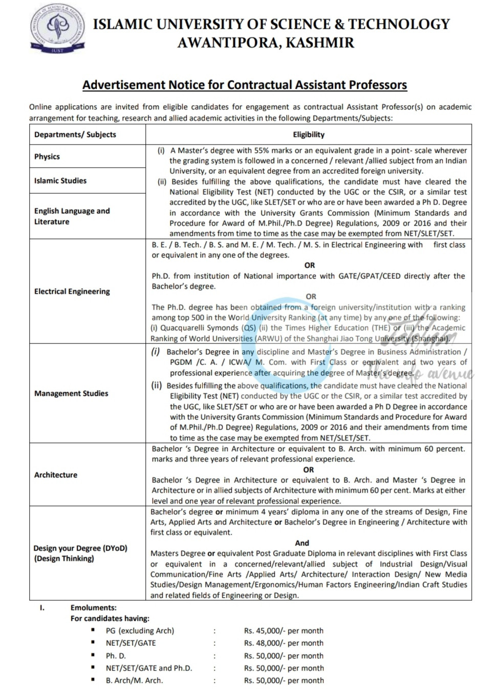 ISLAMIC UNIVERSITY OF SCIENCE AND TECHNOLOGY IUST AWANTIPORA AP JOB OPPORTUNITIES NOTICE IUST/DAA-Acad/25/1688
