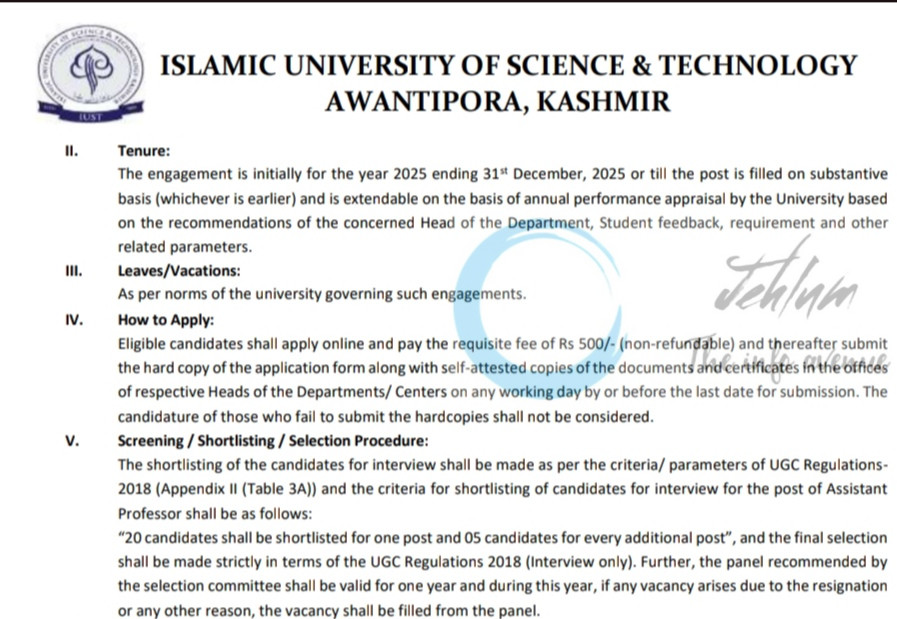 ISLAMIC UNIVERSITY OF SCIENCE AND TECHNOLOGY IUST AWANTIPORA AP JOB OPPORTUNITIES NOTICE IUST/DAA-Acad/25/1688
