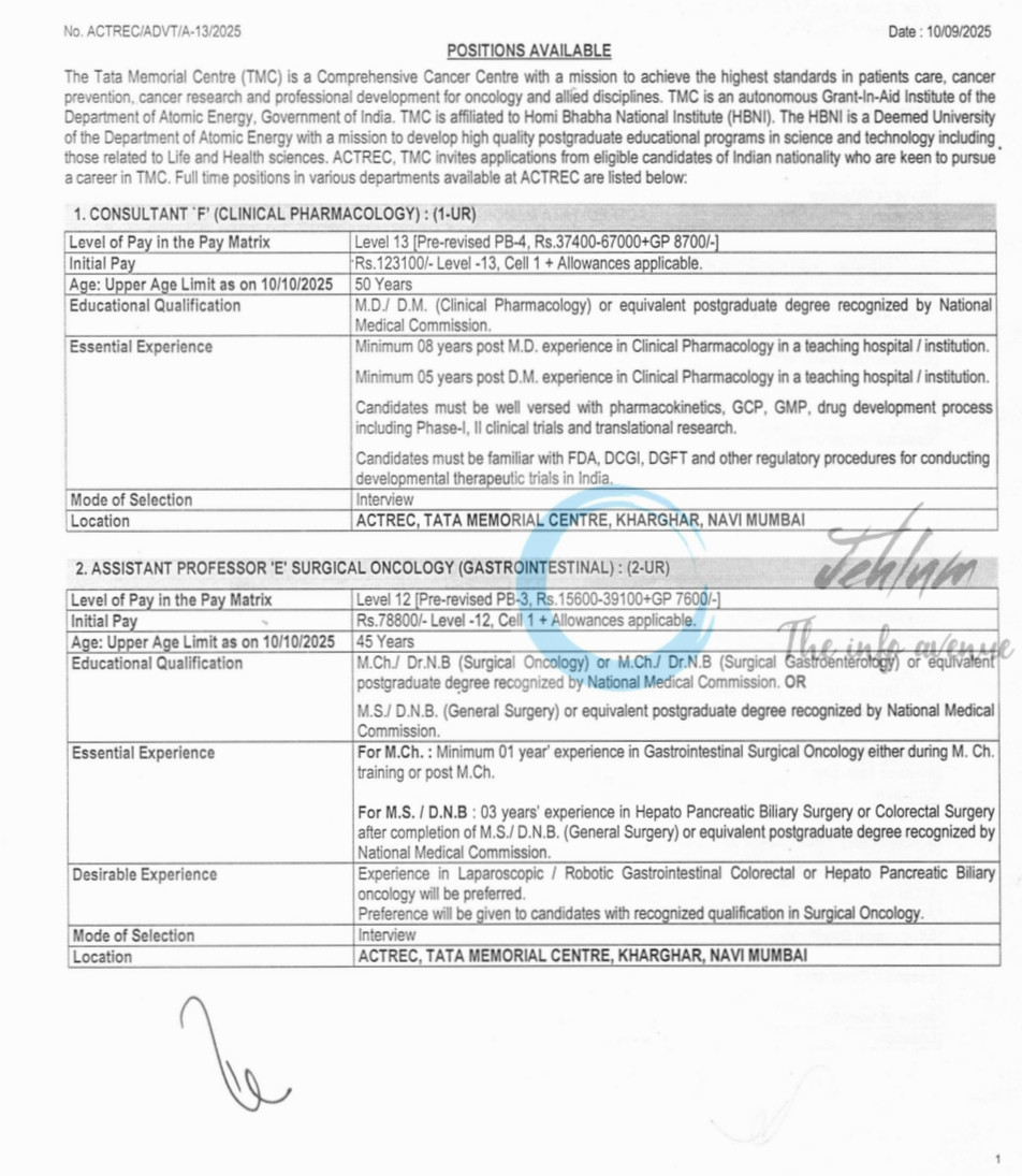 TATA MEMORIAL CENTRE ADVANCED CENTRE FOR TREATMENT RESEARCH AND EDUCATION IN CANCER FACULTY JOB OPPORTUNITIES NOTICE ACTREC/ADV/T/A-13/2025