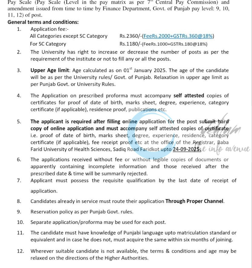 BABA FARID UNIVERSITY OF HEALTH AND SCIENCES BFUHS FARIDKOT FACULTY JOB OPPORTUNITIES NOTICE BFU25/24