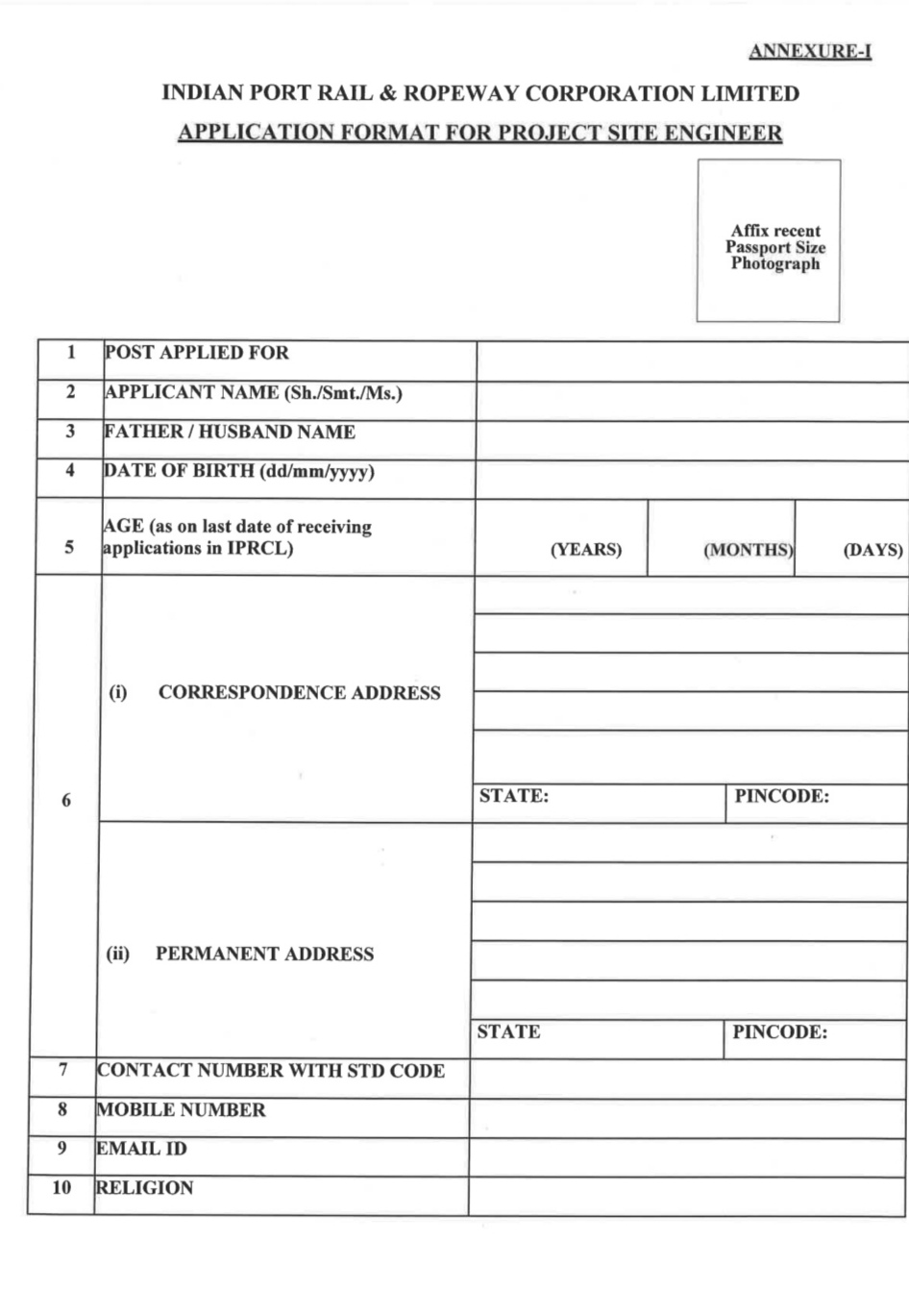 INDIAN PORT RAIL ROPEWAY CORPORATION IPRCL PSE JOB OPPORTUNITIES NOTICE 25/2025