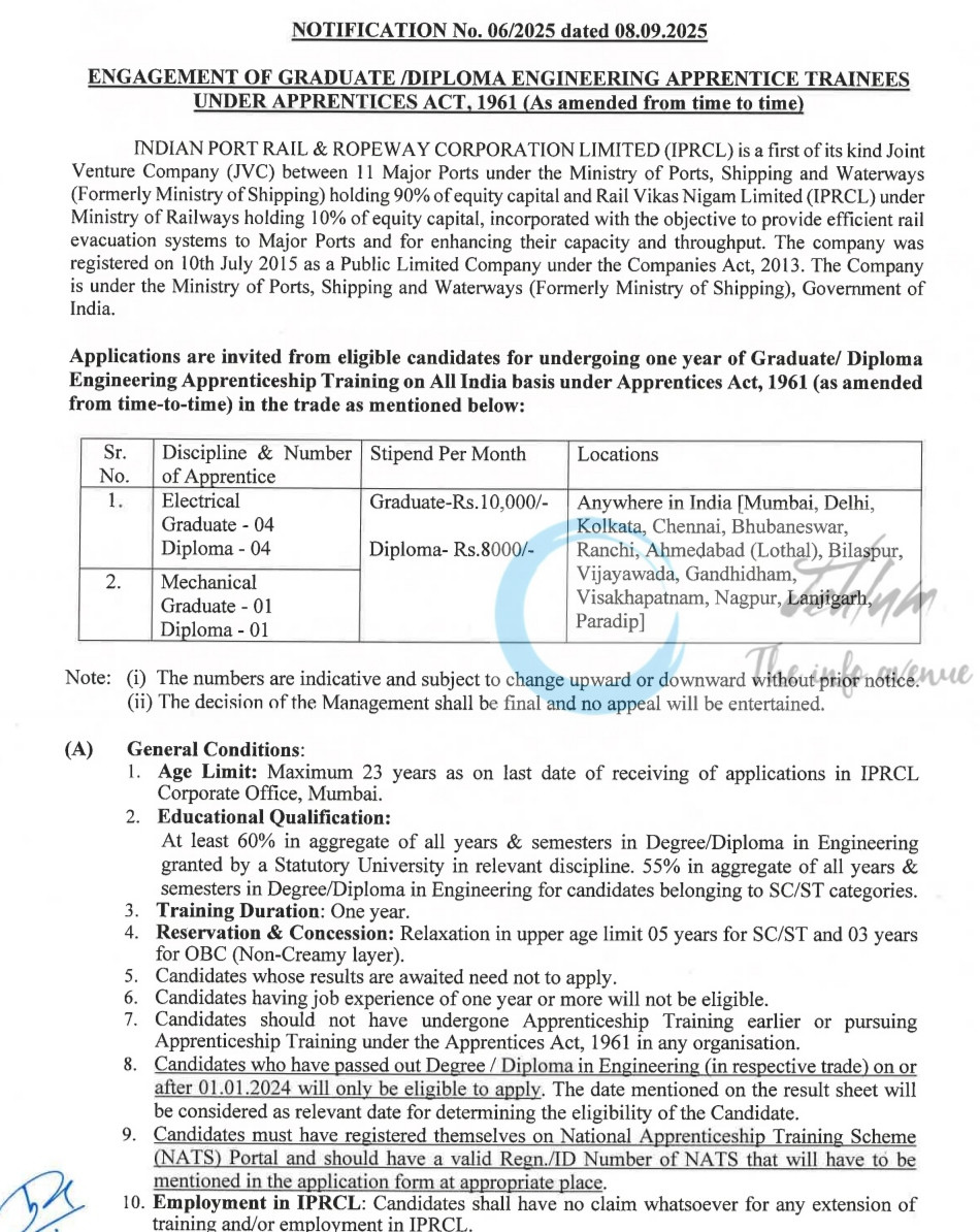 INDIAN PORT RAIL ROPEWAY CORPORATION IPRCL APPRENTICESHIP NOTICE 06/2025