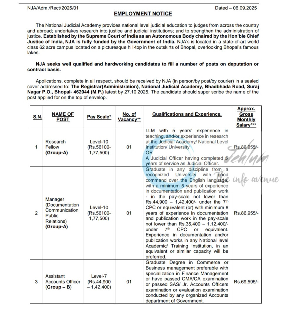 NATIONAL JUDICIAL ACADEMY NJA BHOPAL JOB OPPORTUNITIES NOTICE NJA/Adm./Rect/2025/01