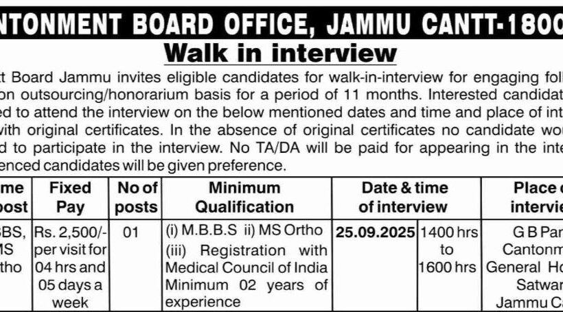 CANTONMENT BOARD OFFICE JAMMU HEALTHCARE FACULTY JOB OPPORTUNITIES WALK IN CBJ/Misc/Hon/II/2025-26/3907