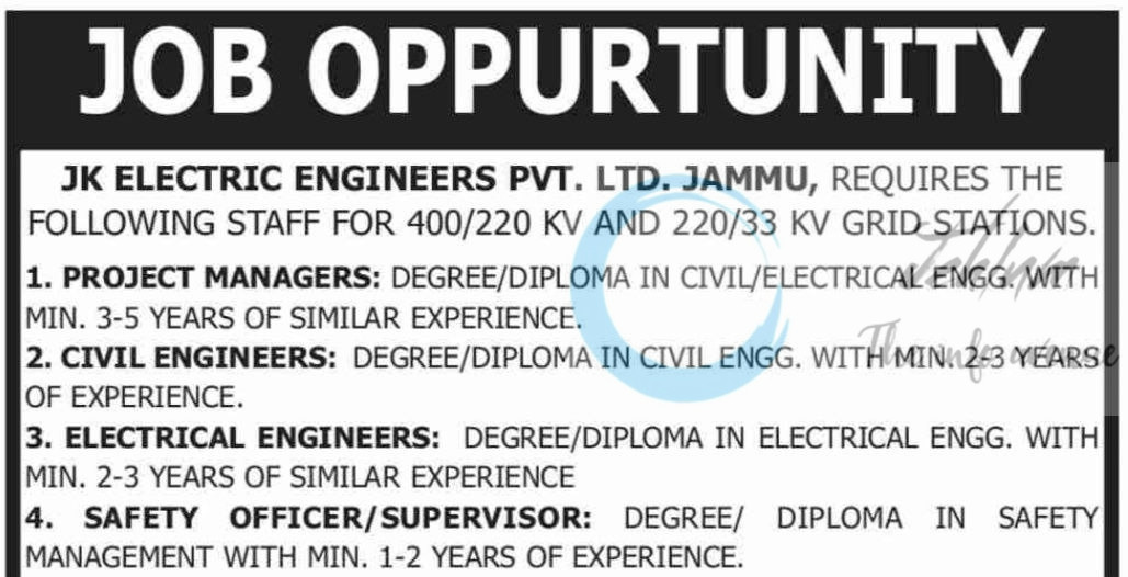 JK ELECTRIC ENGINEERS PVT LTD JAMMU STAFF JOB OPPORTUNITIES 2025
