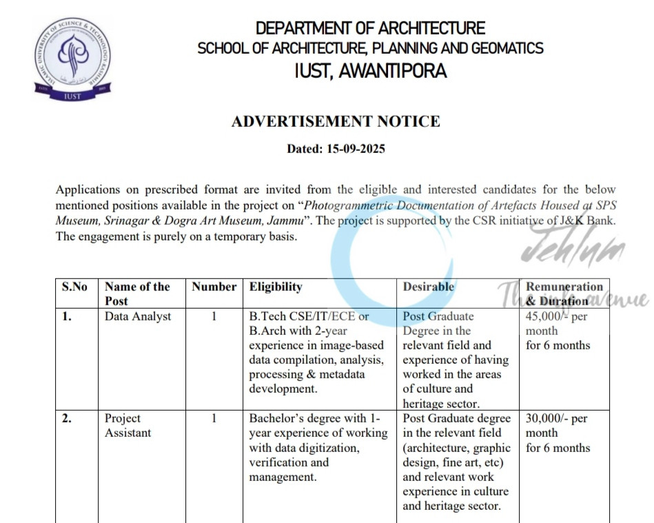 IUST AWANTIPORA DEPTT OF ARCHITECTURE DATA ANALYST AND PROJECT ASSISTANT JOB OPPORTUNITIES NOTICE 2025