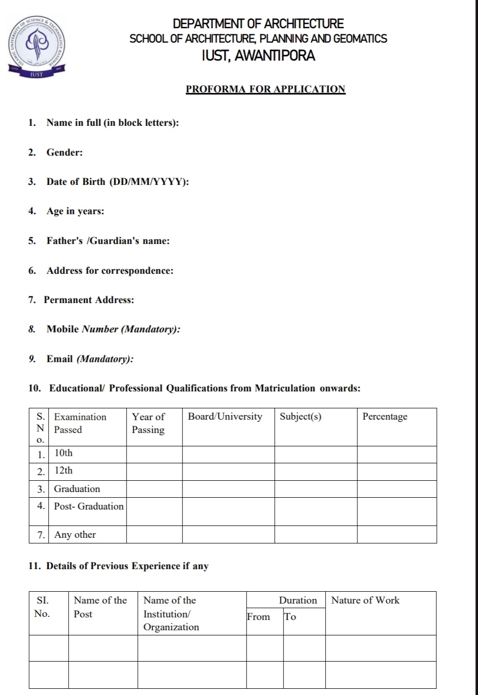 IUST AWANTIPORA DEPTT OF ARCHITECTURE DATA ANALYST AND PROJECT ASSISTANT JOB OPPORTUNITIES NOTICE 2025