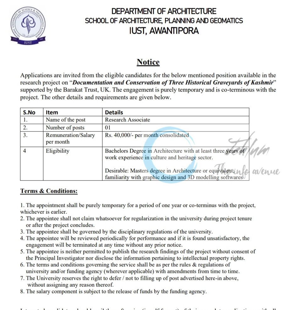IUST AWANTIPORA DEPTT OF ARCHITECTURE RESEARCH ASSOCIATE JOB OPPORTUNITIES 2025