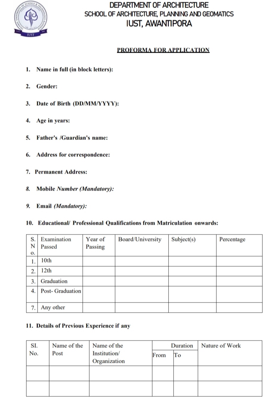 IUST AWANTIPORA DEPTT OF ARCHITECTURE RESEARCH ASSOCIATE JOB OPPORTUNITIES 2025