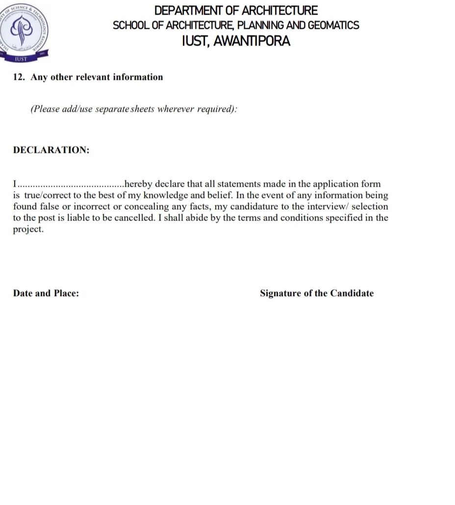 IUST AWANTIPORA DEPTT OF ARCHITECTURE RESEARCH ASSOCIATE JOB OPPORTUNITIES 2025