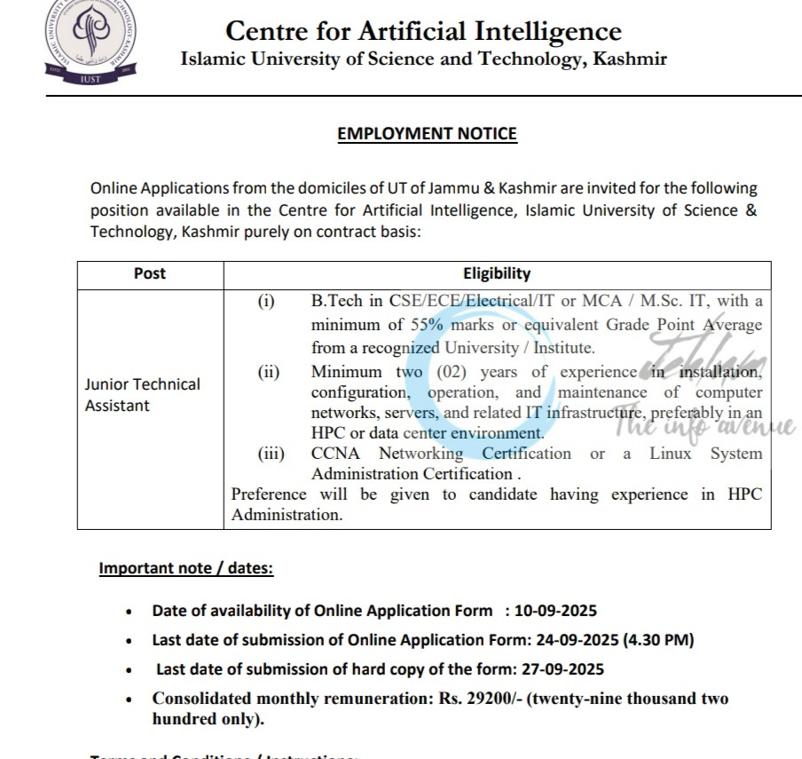 IUST AWANTIPORA CENTRE FOR ARTIFICIAL INTELLIGENCE JUNIOR TECHNICAL ASSISTANT JOB OPPORTUNITIES NOTICE IUST/CAI/25/295