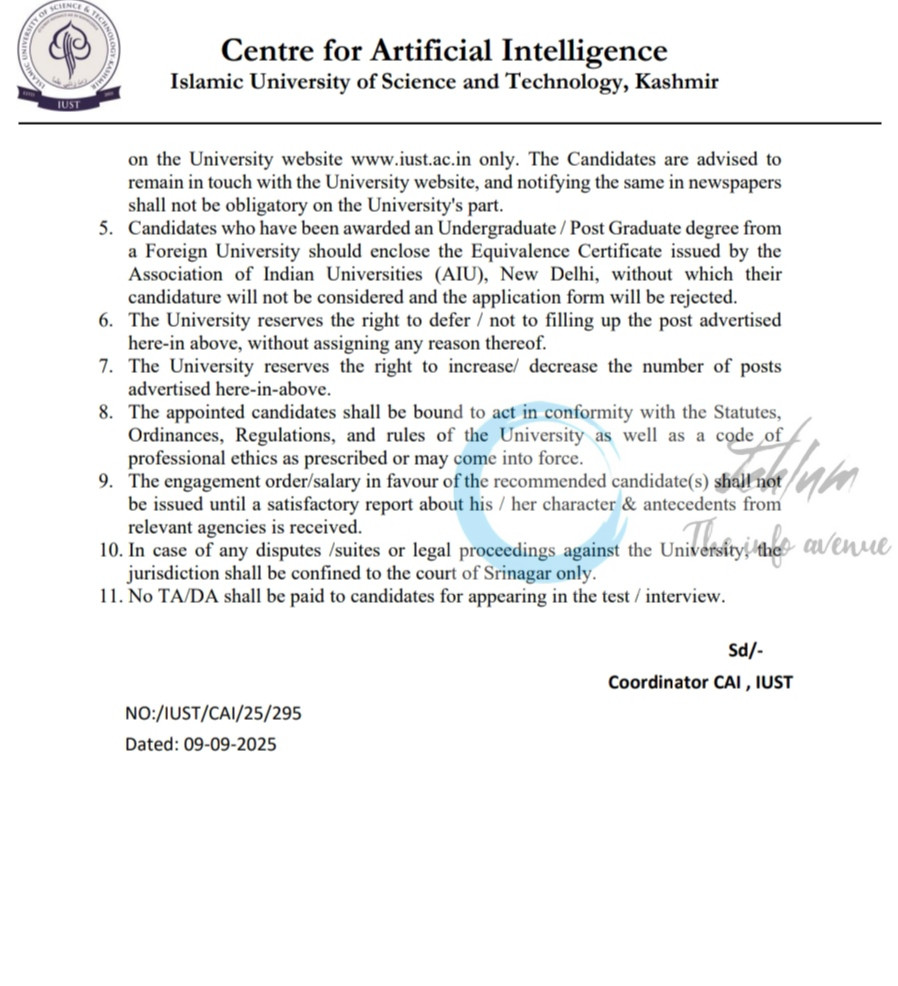 IUST AWANTIPORA CENTRE FOR ARTIFICIAL INTELLIGENCE JUNIOR TECHNICAL ASSISTANT JOB OPPORTUNITIES NOTICE IUST/CAI/25/295