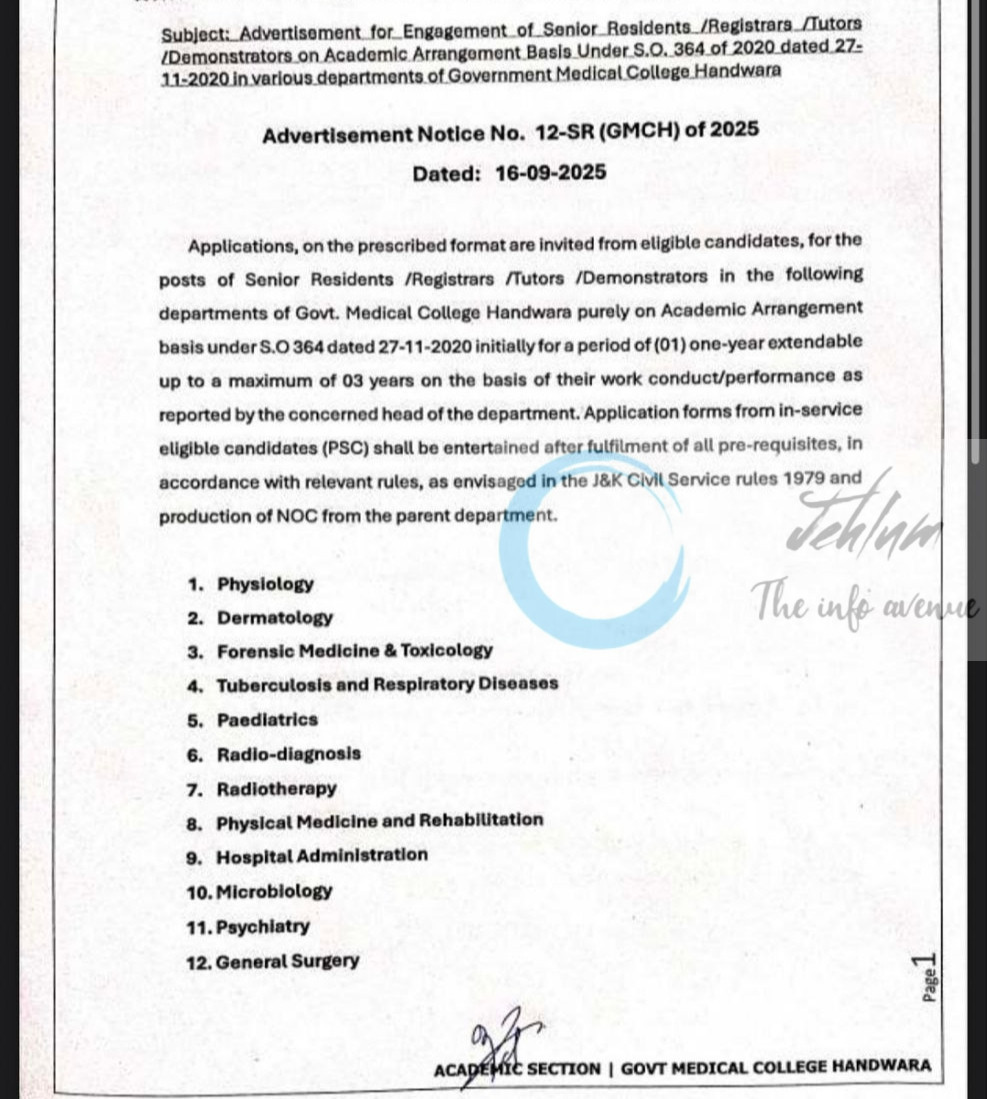 GOVERNMENT MEDICAL COLLEGE GMC HANDWARA FACULTY JOB OPPORTUNITIES NOTICE 12-SR/GMCH of 2025