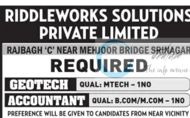 RIDDLE WORKS SOLUTIONS PVT LTD SRINAGAR GEOTECH/ACCOUNTANT JOB OPPORTUNITIES 2025