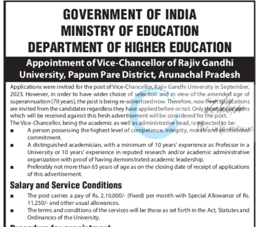 RAJIV GANDHI UNIVERSITY RGU ANDHRA PRADESH VICE CHANCELLOR JOB OPPORTUNITIES NOTICE 21201/11/0015/2526