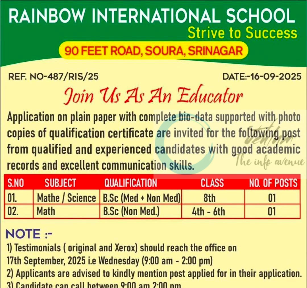 RAINBOW INTERNATIONAL SCHOOL SRINAGAR JOB OPPORTUNITIES 487/RIS/25
